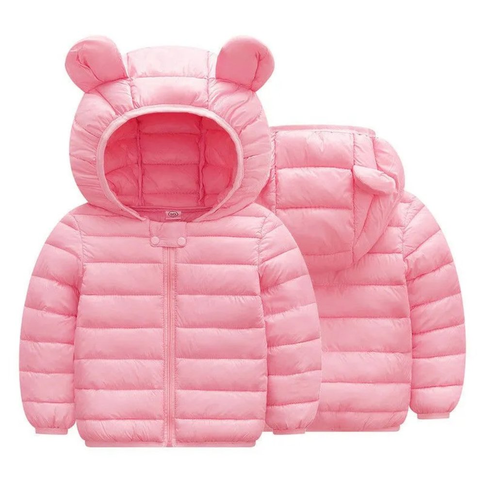 3T Girls Pink Quilted Hooded Puffer Jacket With Teddy Bear Ears Girls Raincoat